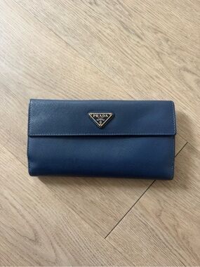 Prada Navy Saffiano Bi-Fold Wallet with Gold Logo